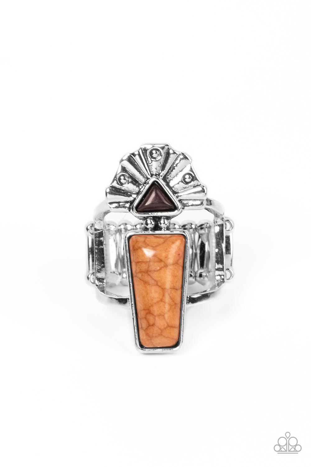 Stellar Stones - Brown and Silver Ring - Paparazzi Accessories - A silver dotted fan flares out from a dainty triangular black stone atop the studded top of a trapezoidal Adobe stone, resulting in an abstract and earthy centerpiece atop layered silver bands.