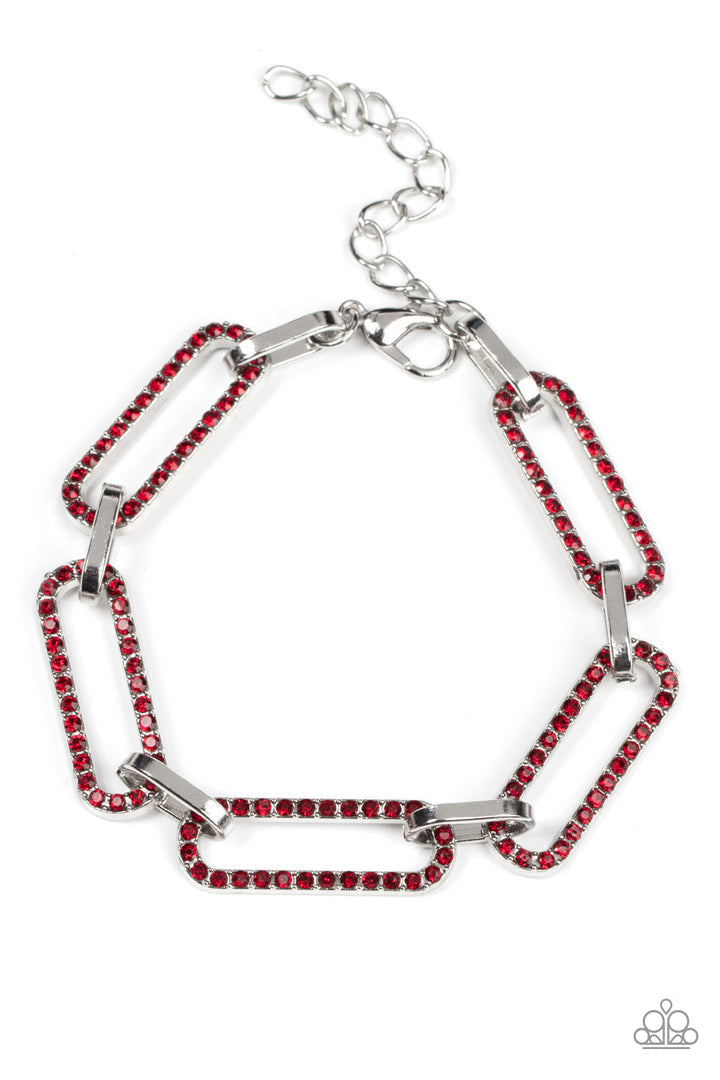 Still Not OVAL You - Red and Silver Bracelet - Paparazzi Accessories - Dotted in dainty red rhinestones, oblong silver frames link with shiny silver fittings around the wrist for a timeless twinkle. Features an adjustable clasp closure. Sold as one individual bracelet. 