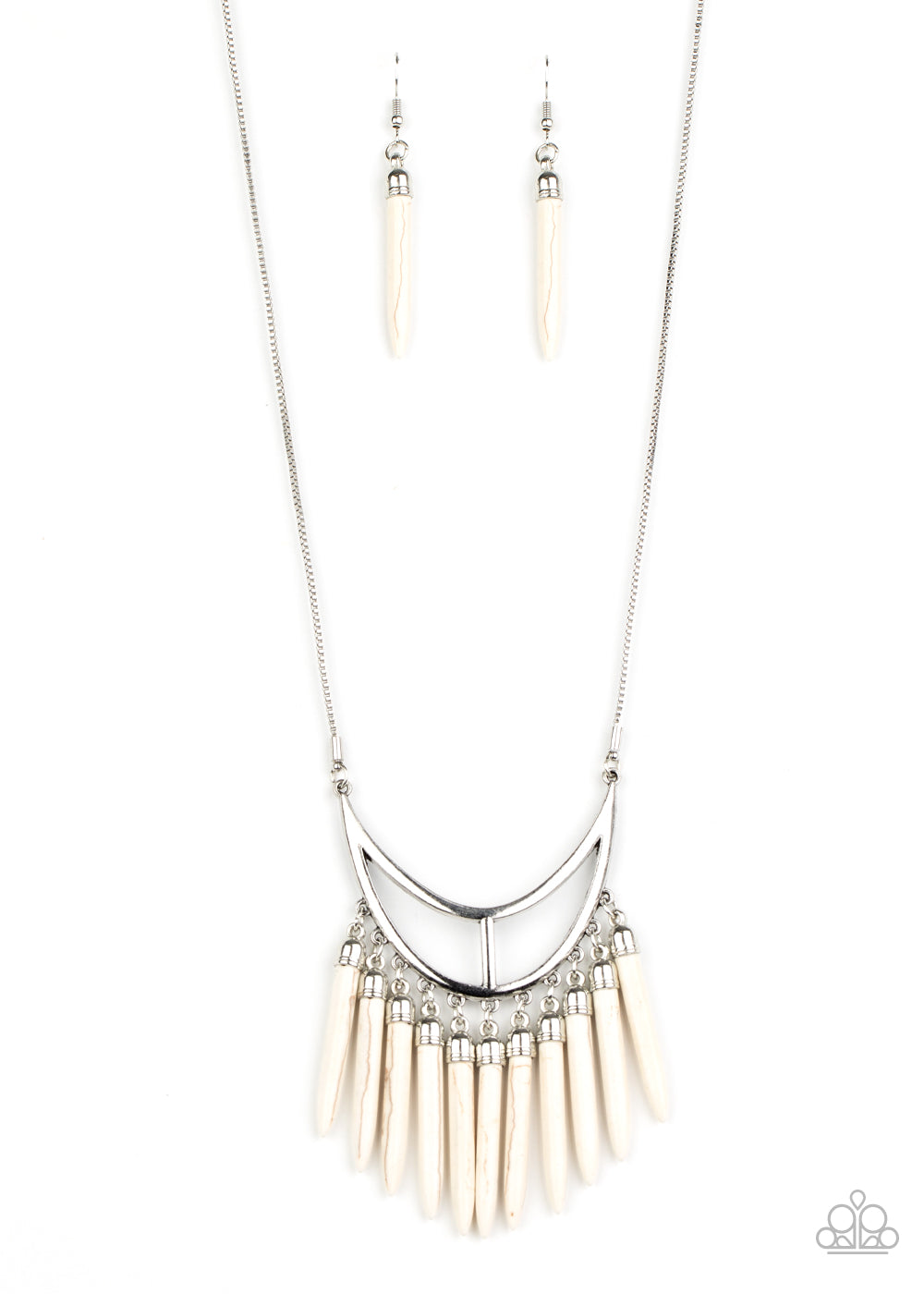 Stone Age A-Lister - White and Silver Fashion Necklace - Paparazzi Accessories - Capped in dainty silver fittings, refreshing white stone tusk-like bars dangle from the bottom of an airy silver crescent frame, creating an earthy fringe at the bottom of a lengthened silver chain. Features an adjustable clasp closure. Sold as one individual necklace. 