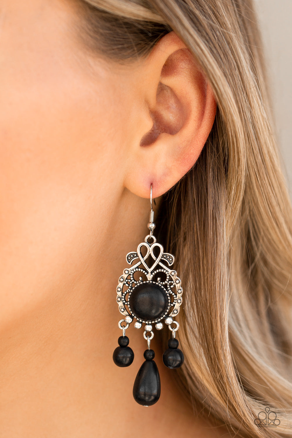 Stone Bliss - Black and Silver Fashion Earrings - Paparazzi Accessories - Dotted with a round black stone center, a frilly silver frame gives way to a beaded black stone fringe for a whimsical look. Earring attaches to a standard fishhook fitting. Sold as one pair of earrings.