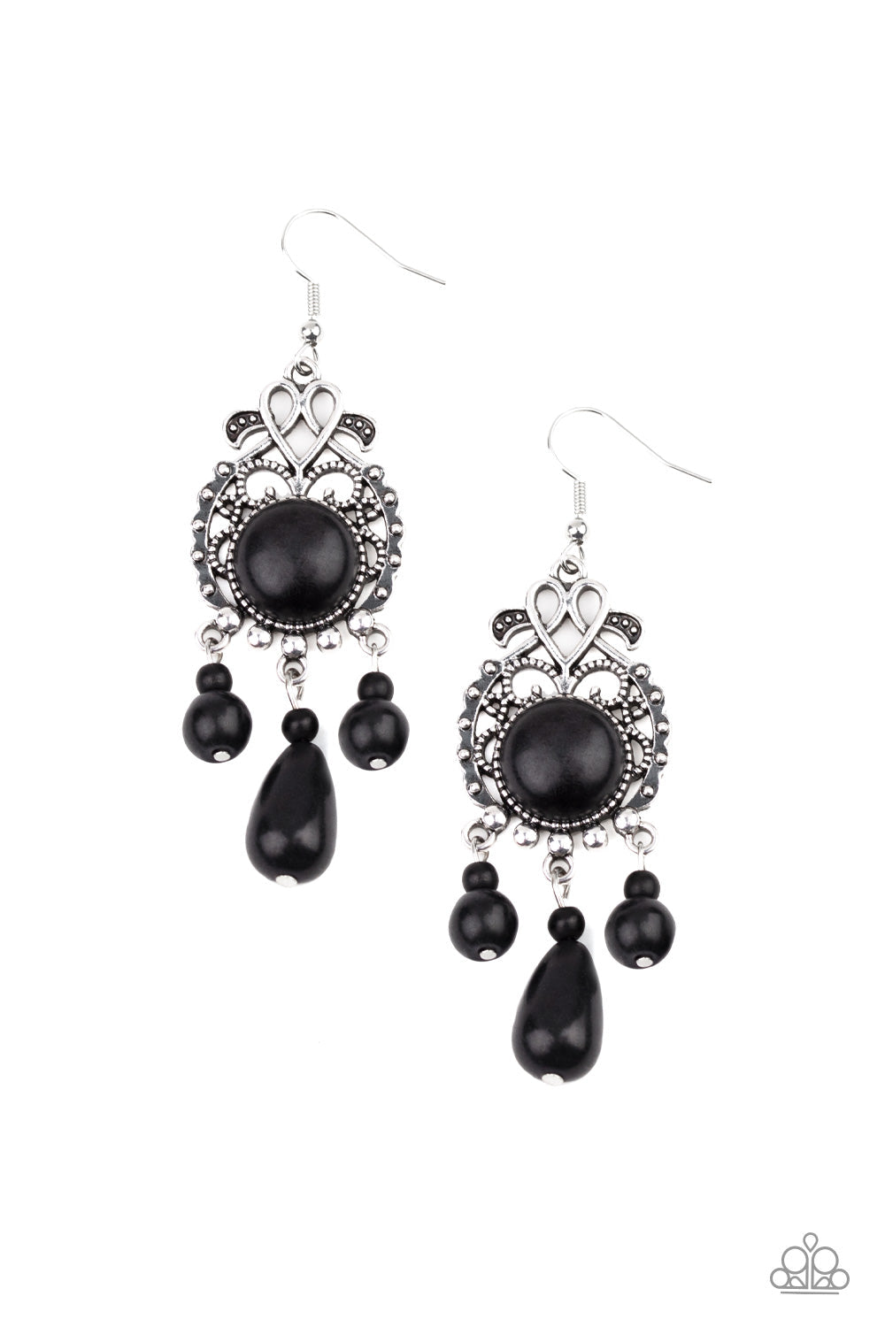 Stone Bliss - Black Stone - Silver Earrings - Paparazzi Accessories - Dotted with a round black stone center, a frilly silver frame gives way to a beaded black stone fringe for a whimsical fashion earrings. Trendy fashion jewelry for everyone.