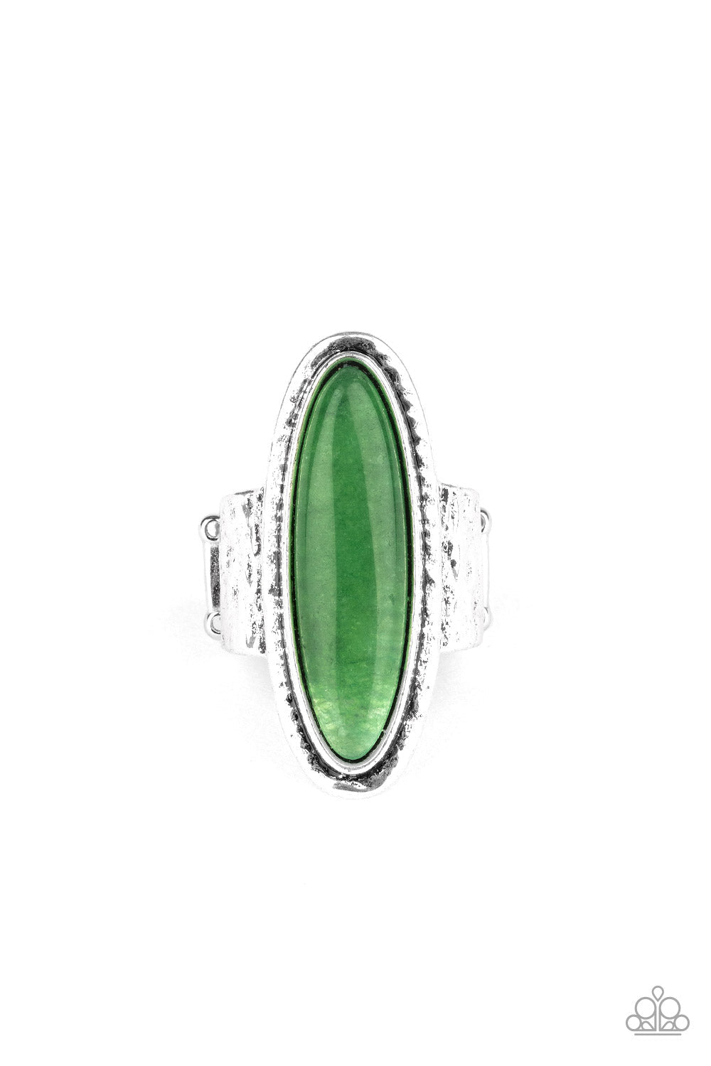 Stone Mystic - Green and Silver Ring - Paparazzi Accessories - An oblong green stone sits atop a hammered silver frame atop a hammered silver band, creating an earthy statement piece. Features a stretchy band for a flexible fit. Sold as one individual ring.  Bejeweled Accessories By Kristie - Trendy fashion jewelry for everyone -