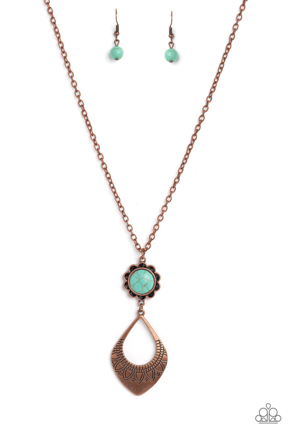 Stone TOLL - Copper and Turquoise Necklace - Paparazzi Accessories - An oversized turquoise stone, wrapped in a copper floral frame swings as the uppermost shape above an oversized, airy, copper spade-like frame creating a free-spirited finish. Stamped floral cutouts embellish along the lower curve of the teardrop-like frame for additional artisanal detail necklace.