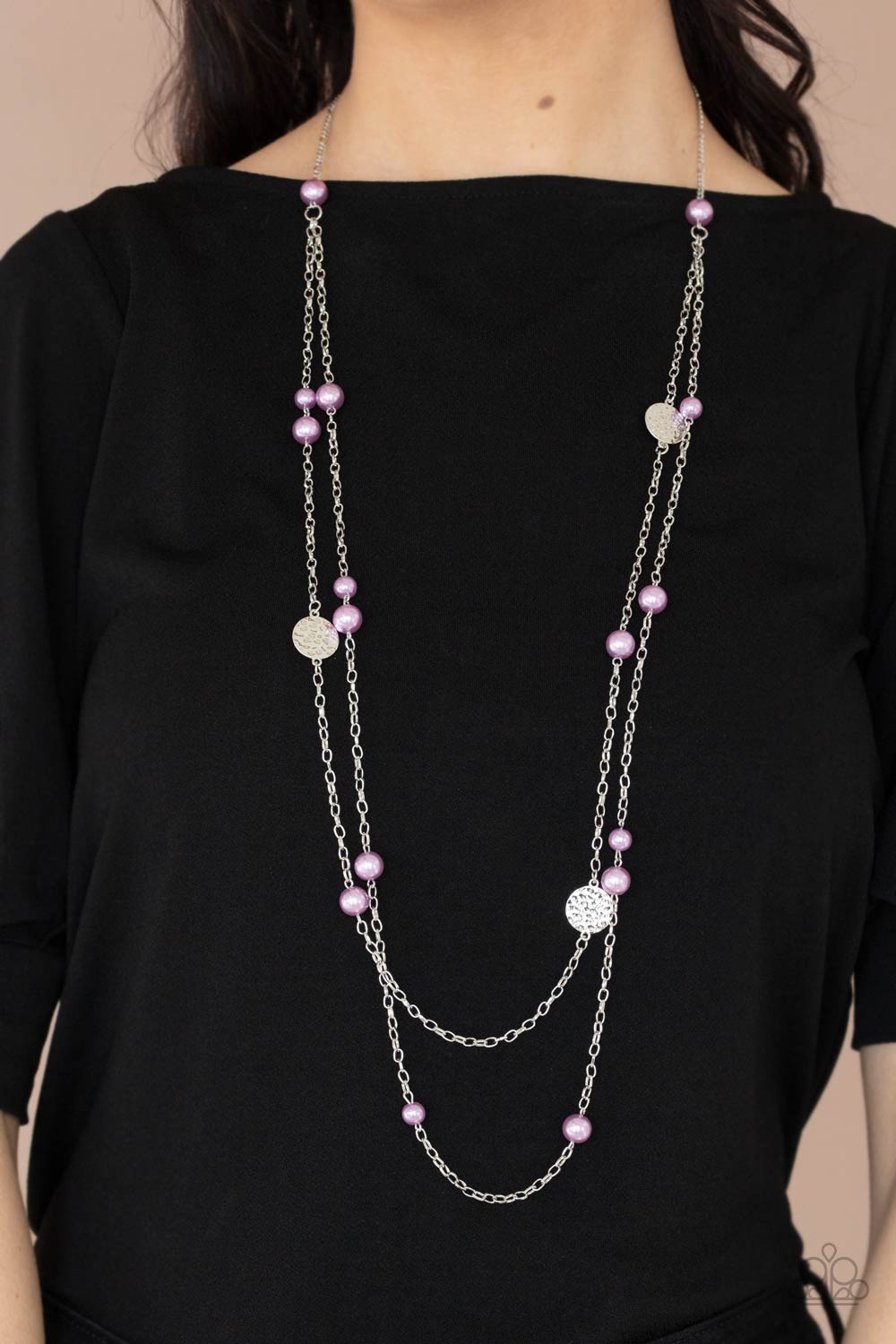 Sublime Awakening - Purple Pearl Necklace - Paparazzi Accessories - Double strands of lengthened silver chains are adorned with soft purple pearls. Three shiny hammered silver discs create bold asymmetrical accents for an eye-catching finish. Features an adjustable clasp closure. Sold as one individual necklace.