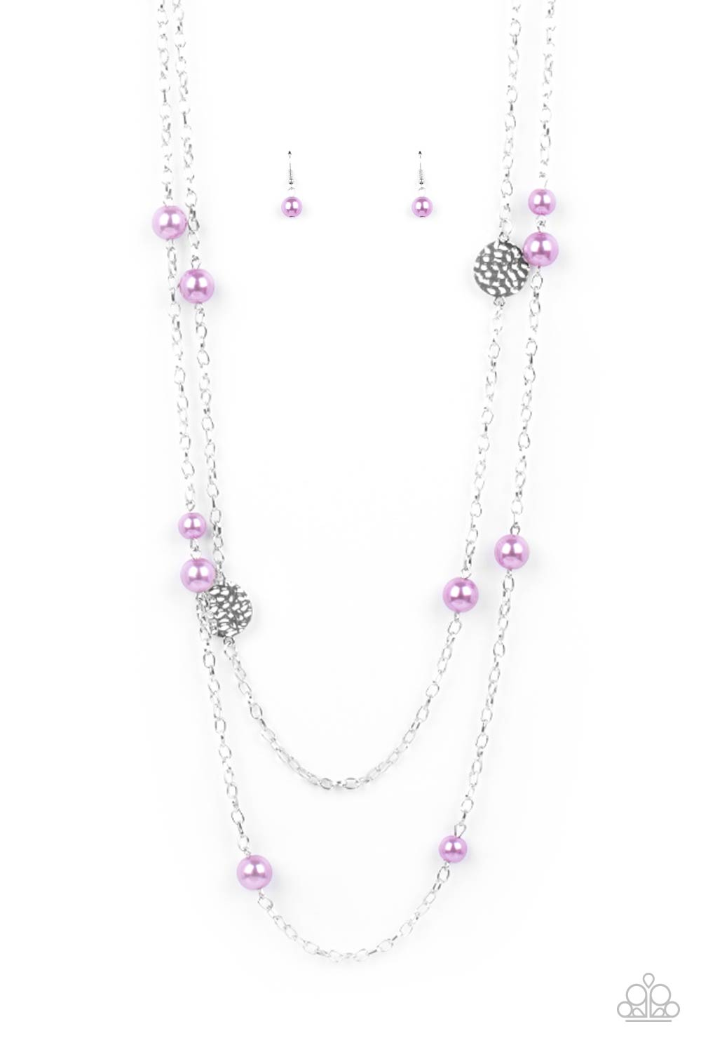Sublime Awakening - Purple Pearl Fashion Necklace - Paparazzi Accessories - Double strands of lengthened silver chains are adorned with soft purple pearls. Three shiny hammered silver discs create bold asymmetrical accents for an eye-catching finish. Features an adjustable clasp closure. Sold as one individual necklace.