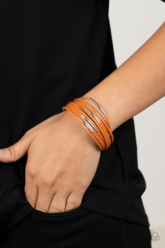 Suburban Outing - Orange Leather - Silver Magnetic Closure Bracelet - Paparazzi Accessories - Sporadically adorned with shiny silver frames, dainty orange leather bands layer around the wrist for a refined flair. Features a magnetic clasp closure. Sold as one individual bracelet.