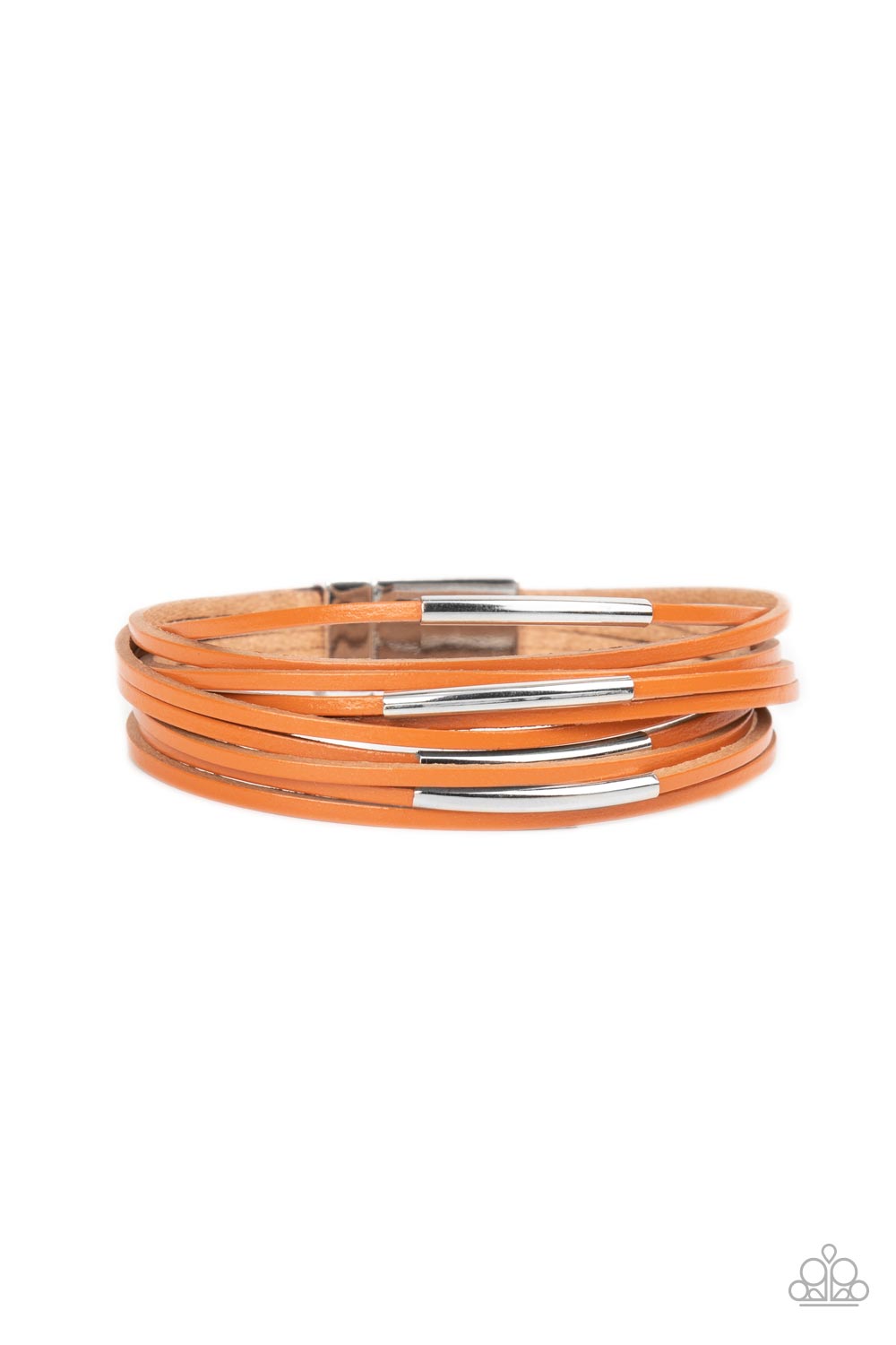 Suburban Outing - Orange Leather - Silver Magnetic Closure  Bracelet - Trendy fashion jewelry for everyone - Sporadically adorned with shiny silver frames, dainty orange leather bands layer around the wrist for a refined flair. Features a magnetic clasp closure. Sold as one individual bracelet.