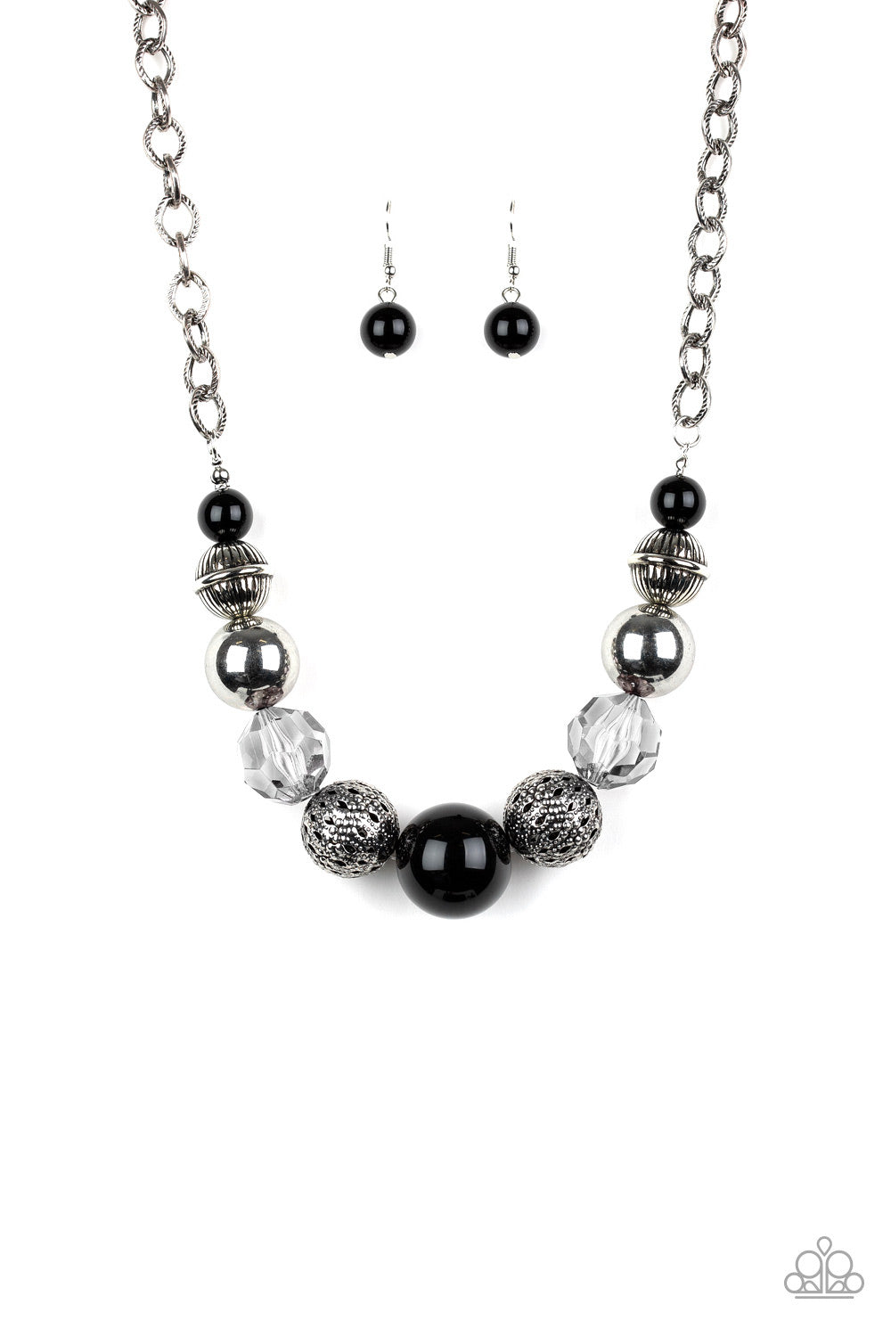 Sugar, Sugar - Black and Silver Bead Necklace - Paparazzi Accessories - A collection of antiqued silver beads, smoky crystal-like beads, and oversized black beads are threaded along an invisible wire below the collar. Textured in linear patterns, an antiqued silver chain attaches to the colorful compilation for a statement-making stylish necklace.  Bejeweled Accessories By Kristie - Trendy fashion jewelry for everyone -