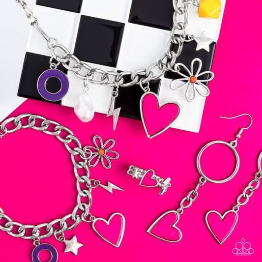 Sunset Sightings Fashion Fix Set - Multi Color Charm Jewelry - Paparazzi Accessories - Jewelry set includes one of each accessory: Living in CHARM-ony - Multi Necklace, Don't Miss a HEARTBEAT Pink Earrings, Turn Up the Charm - Multi Bracelet, Contemporary Charm - Pink Ring. The Sunset Sightings Collection features audacious, outside-the-box fashion.