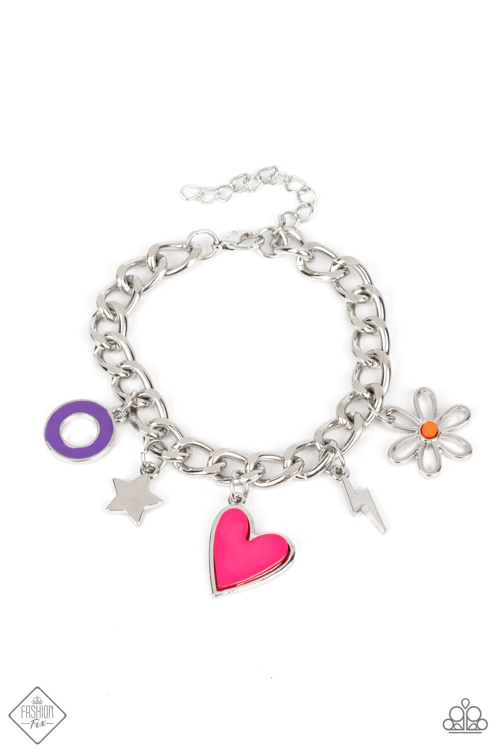 Sunset Sightings Fashion Fix Set - Multi Color Charm Jewelry - Paparazzi Accessories - Jewelry set includes one of each accessory: Living in CHARM-ony - Multi Necklace, Don't Miss a HEARTBEAT Pink Earrings, Turn Up the Charm - Multi Bracelet, Contemporary Charm - Pink Ring. The Sunset Sightings Collection features audacious, outside-the-box fashion.