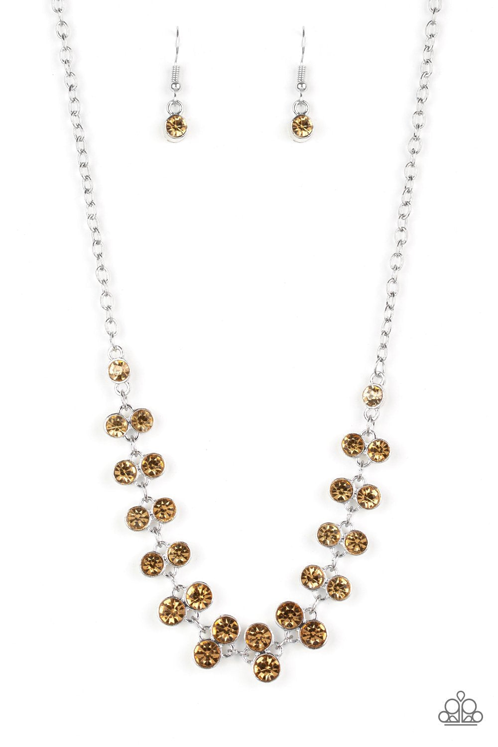 Super Starstruck - Golden Topaz Necklace - Paparazzi Accessories - Golden topaz rhinestones below the collar of silver chain for a timeless look necklace. Features an adjustable clasp closure.