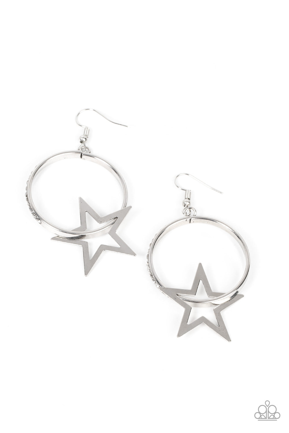 Superstar Showcase - Silver and White Earrings - Paparazzi Accessories - A flat silver star glides along a silver hoop, resulting in a stellar fashion. The front of the silver hoop is encrusted in glassy white rhinestones for a glitzy finish.