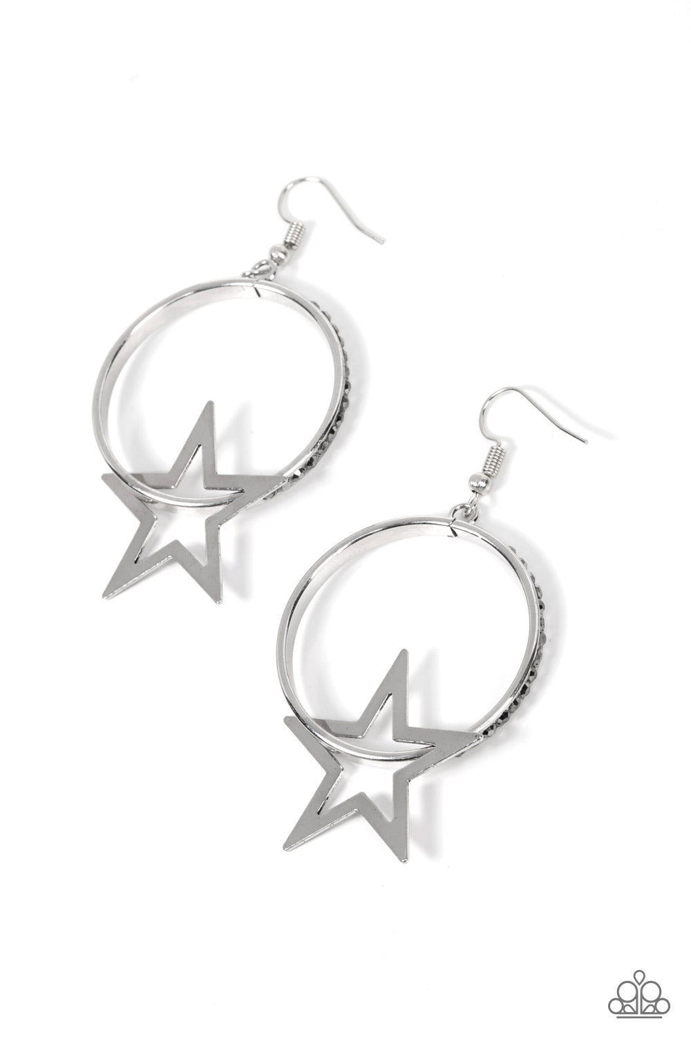 Superstar Showcase - Silver Earrings - Paparazzi Accessories - A flat silver star glides along a silver hoop, resulting in a stellar fashion. The front of the silver hoop is encrusted in smoky hematite rhinestones for a glitzy finish.