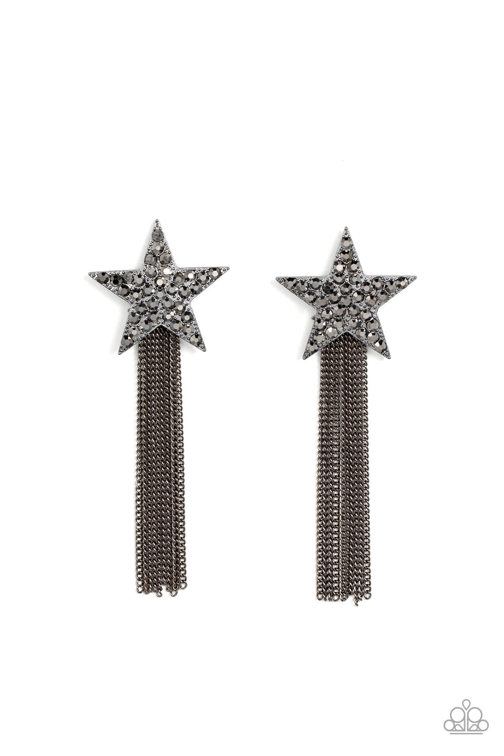 Superstar Solo - Black Earrings - Paparazzi Accessories - Bejeweled Accessories By Kristie - A curtain of gunmetal chains streams out from the bottom of an oversized gunmetal star encrusted in smoky hematite rhinestones, resulting in a stellar tassel. Earring attaches to a standard post fitting. Sold as one pair of post earrings.