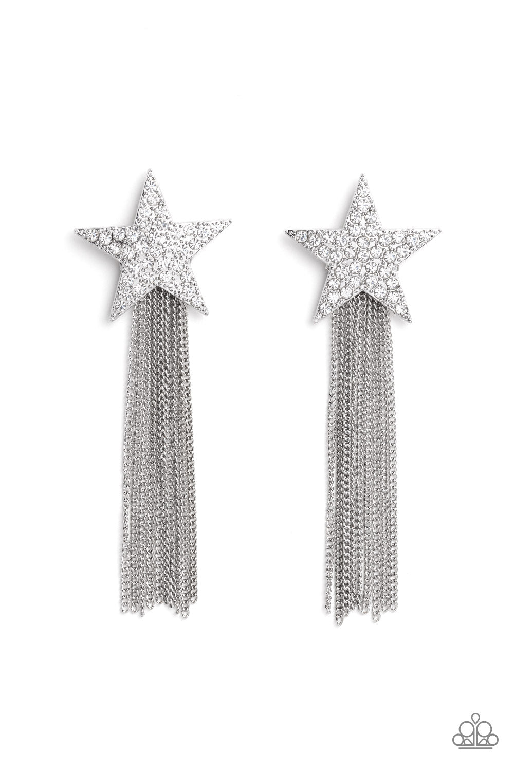 Superstar Solo - White and Silver Earrings - Paparazzi Accessories - A curtain of silver chains streams out from the bottom of an oversized silver star encrusted in blinding white rhinestones, resulting in a stellar tassel.