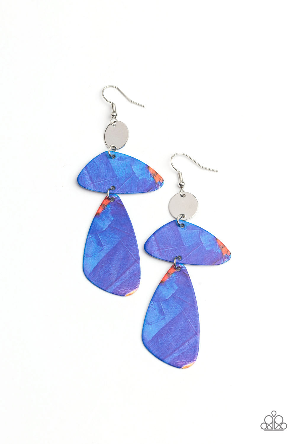 SWATCH Me Now - Blue - Colorful - Silver Earrings - Paparazzi Accessories - Painted in abstract blue details, a pair of asymmetrical frames swing form the bottom of a dainty silver disc for an artsy look. Earring attaches to a standard fishhook fitting.