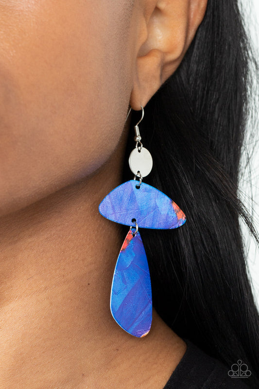 SWATCH Me Now - Blue - Colorful - Silver Earrings - Paparazzi Accessories - Painted in abstract blue details, a pair of asymmetrical frames swing form the bottom of a dainty silver disc for an artsy look. Earring attaches to a standard fishhook fitting. Bejeweled Accessories By Kristie - Trendy fashion jewelry for everyone -