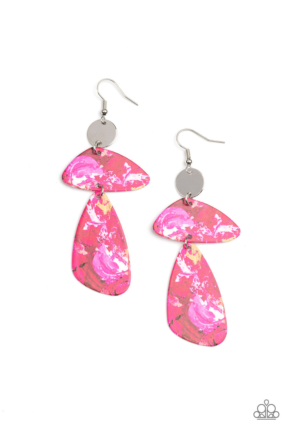 SWATCH Me Now - Pink and Silver Earrings - Paparazzi Accessories - Painted in abstract pink details, a pair of asymmetrical frames swing from the bottom of a dainty silver disc for artsy fashion earrings. 
