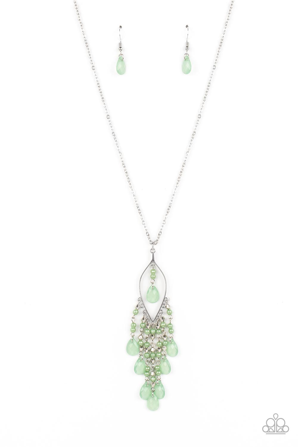 Sweet DREAMCATCHER - Green Pearl and Silver Necklace - Paparazzi Accessories - Dainty spearmint pearls, silver accents, and spearmint teardrop beads in an opaque finish cascade from the bottom of an airy silver almond-shaped frame. A strand of spearmint pearls and a solitaire spearmint teardrop bead swing from the top of the frame in an elegant finish, as the pendant slides along a classic silver chain.