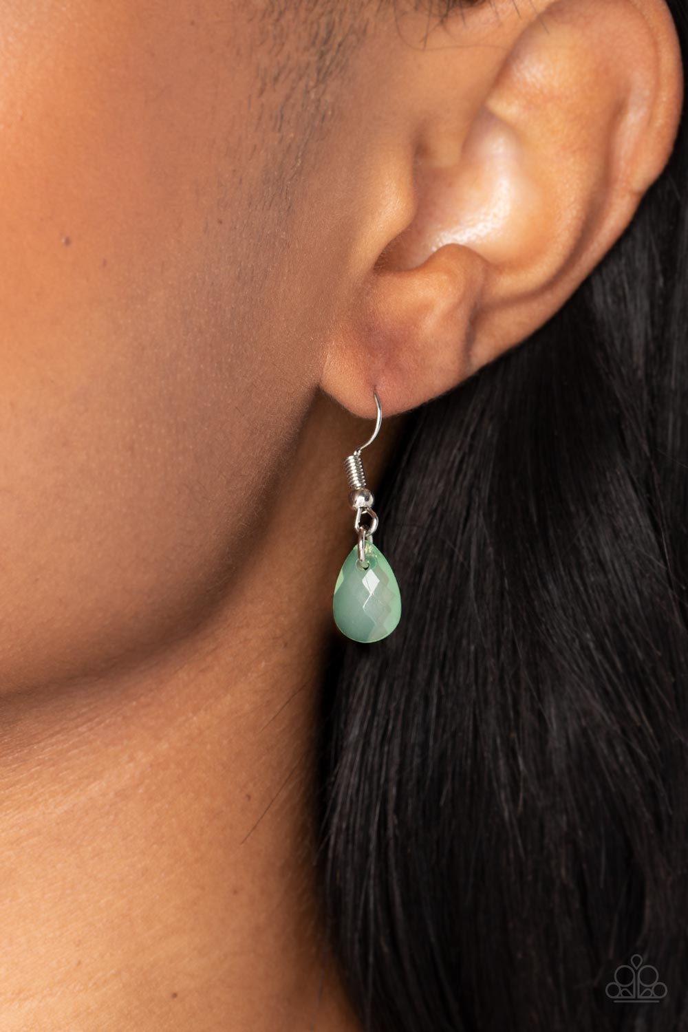 Sweet DREAMCATCHER - Green Pearl and Silver Necklace - Paparazzi Accessories - Dainty spearmint pearls, silver accents, and spearmint teardrop beads in an opaque finish cascade from the bottom of an airy silver almond-shaped frame. A strand of spearmint pearls and a solitaire spearmint teardrop bead swing from the top of the frame in an elegant finish, as the pendant slides along a classic silver chain.