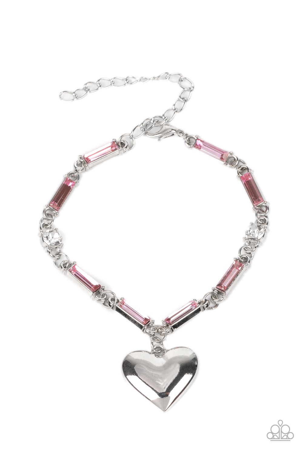 Sweetheart Secrets - Pink and Silver Heart  Bracelet - Paparazzi Accessories - Encased in sleek silver fittings, classic white rhinestones and emerald cut pink rhinestones delicately link into a sparkly chain around the wrist. A shiny silver heart charm swings from the glittery compilation, adding a flirtatious shimmer. Features an adjustable clasp closure. Sold as one individual bracelet. Trendy fashion jewelry for everyone -