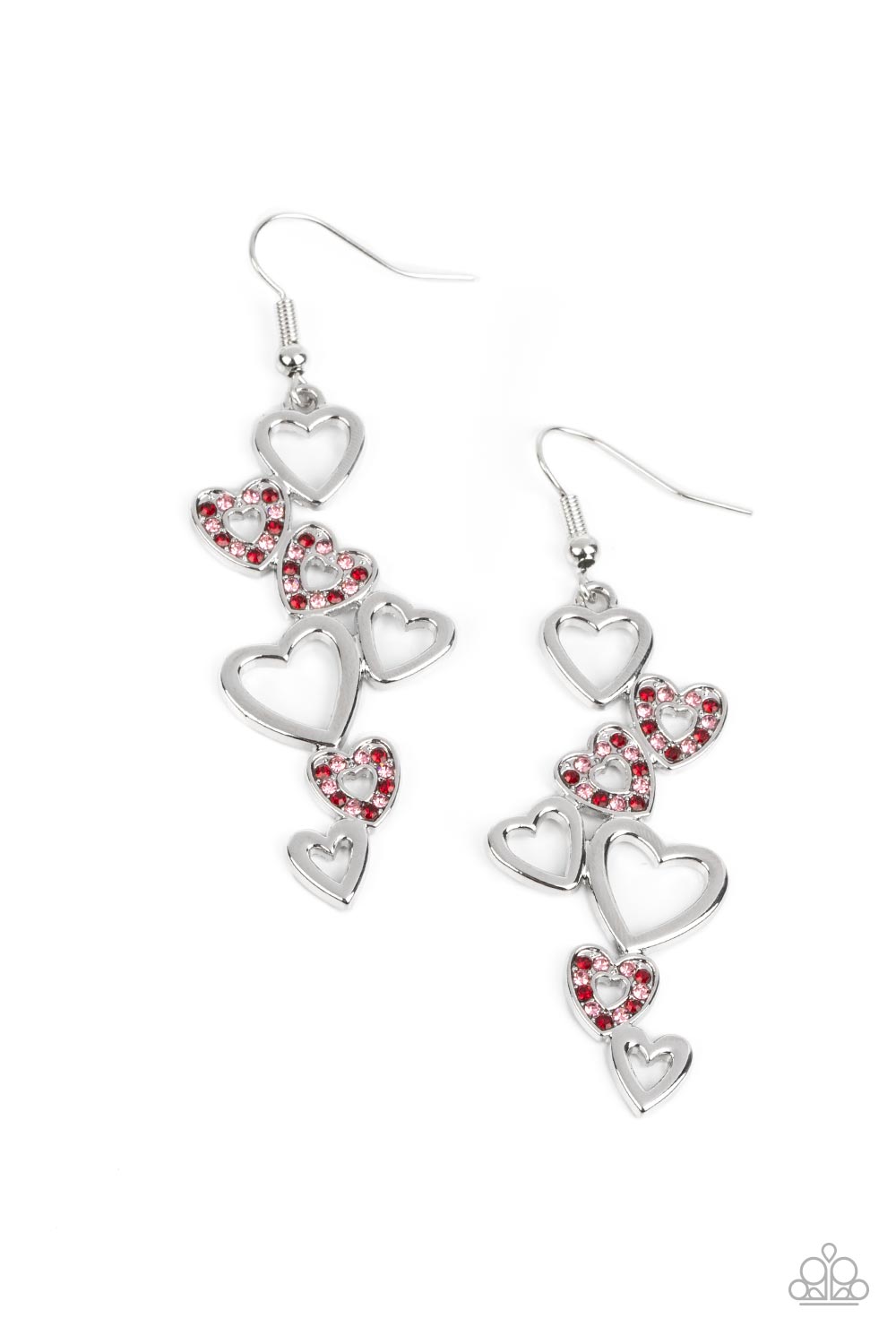 Sweetheart Serenade - Red and Pink Earrings - Paparazzi Accessories - Bejeweled Accessories By Kristie - A collection of airy, heart-shaped silhouettes fall from the ear in a bubbly cascade. In a haphazard pattern, the sleek and simple silver frames alternate with those lined with sparkling siam and light rose rhinestones, culminating in a flirtatious lure. Earring attaches to a standard fishhook fitting. Sold as one pair of earrings.