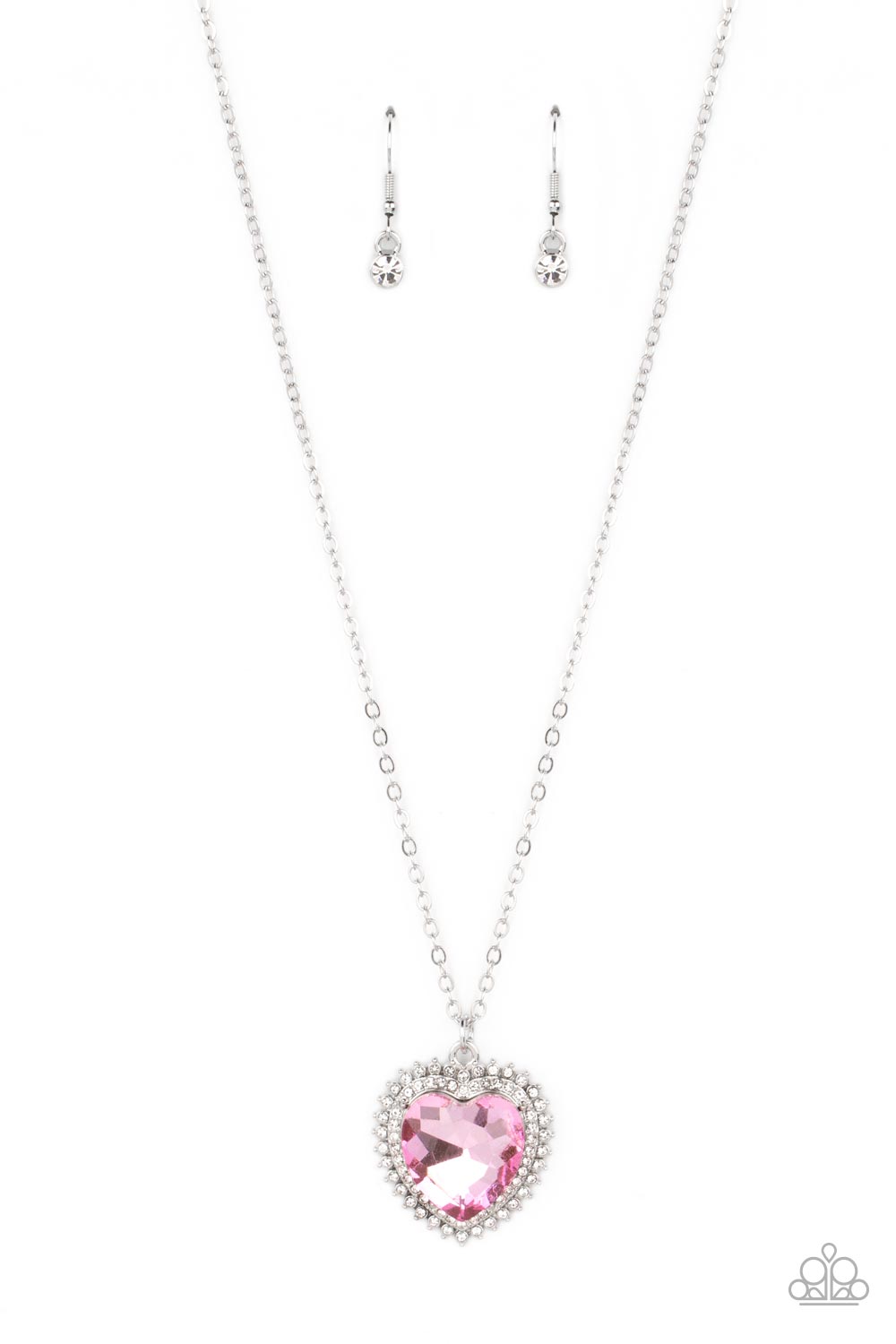 Sweethearts Stroll - Pink and Silver Necklace - Paparazzi Accessories - A pink crystal-like heart gem sparkles dramatically as it's wrapped in a glassy white rhinestone-studded heart frame. Adding additional shimmer, a second layer of white rhinestones encircles the studded pendant as it swings from a classic silver chain in a flirty finish. Features an adjustable clasp closure.