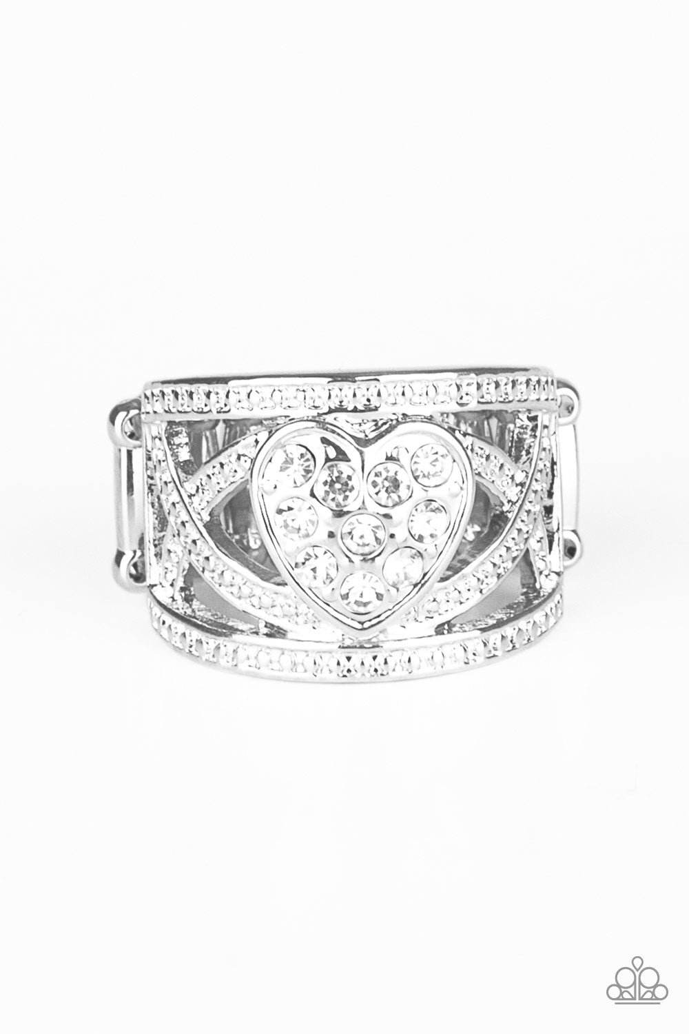 Sweetly Sweetheart - White and Silver Heart Ring - Paparazzi Accessories - Dotted in dainty silver studs, glistening silver bands weave across the finger. A white rhinestone encrusted silver heart adorns the center, creating a flirtatious centerpiece. Features a stretchy band for a flexible fit. Sold as one individual ring. Bejeweled Accessories By Kristie - Trendy fashion jewelry for everyone -