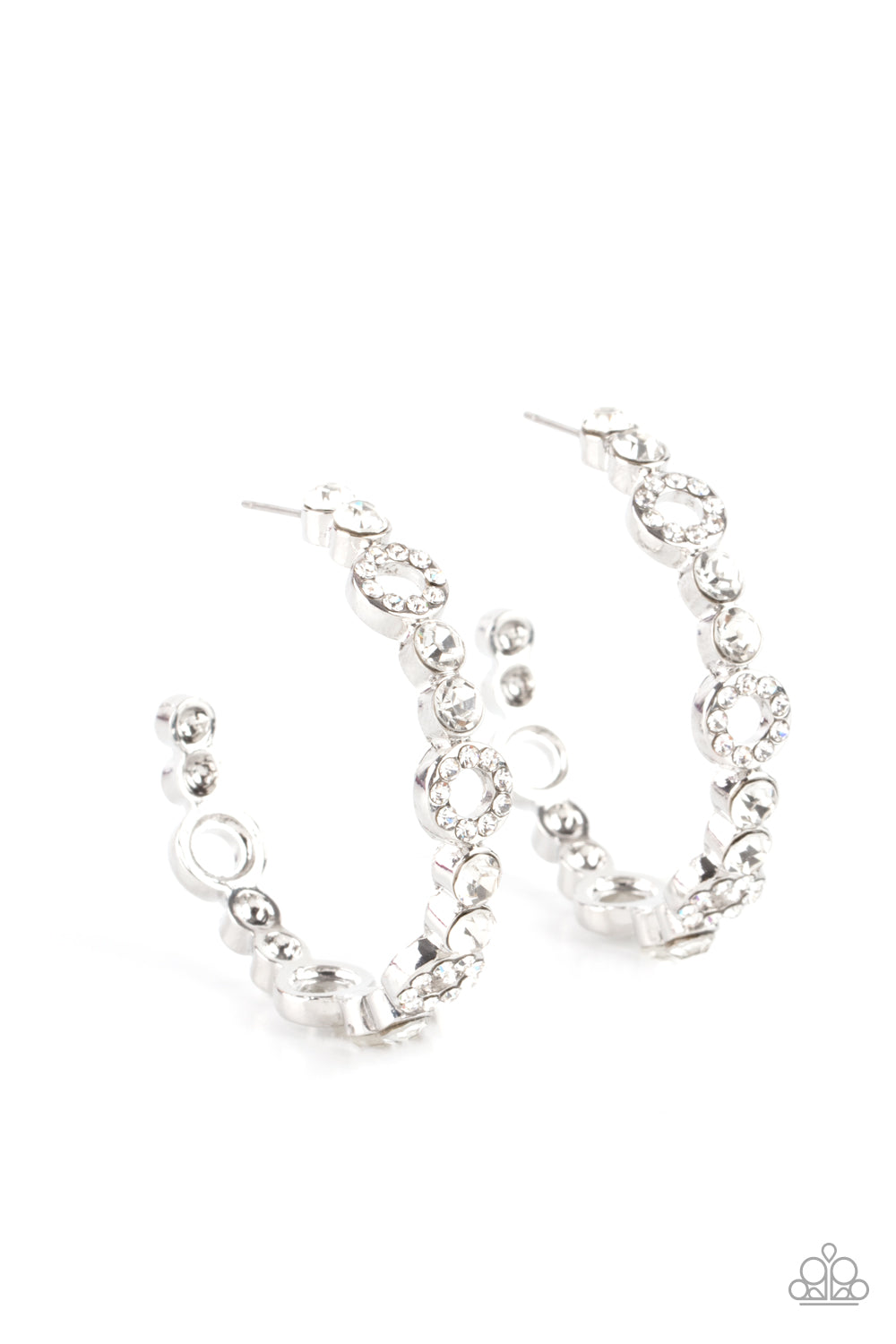 Swoon-Worthy Sparkle - White and Silver Hoop Earrings - Paparazzi Accessories - Dainty round silver frames encrusted with sparkling white rhinestones act as show-stopping accents around a silver hoop of white rhinestones culminating in a swoon-worthy finish. Earring attaches to a standard post fitting. Hoop measures approximately 1 1/2" in diameter. Sold as one pair of hoop earrings.