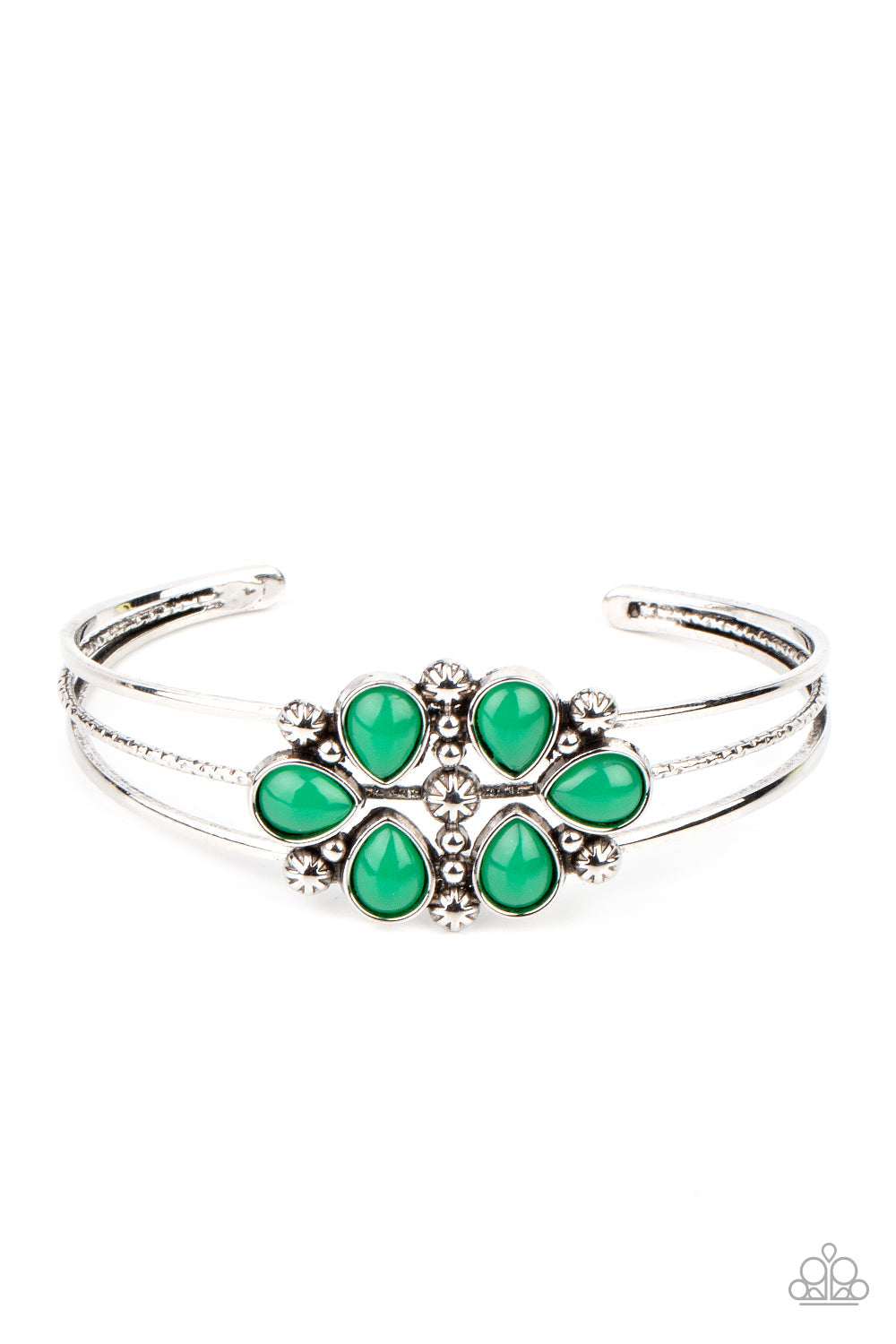 Taj Mahal Meadow - Green - Silver Floral Cuff Bracelet - Paparazzi Accessories - Trendy fashion jewelry for everyone - A whimsical collection of glassy Leprechaun teardrop beads, dainty silver studs, and silver floral accents coalesce into a colorful centerpiece atop a layered silver cuff. Sold as one individual bracelet.