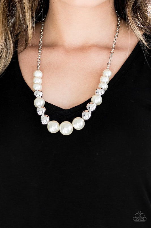 Take Note - White and Silver Necklace - Paparazzi Accessories - A collection of oversized silver and pearly white beads drape across the chest for a refined look.