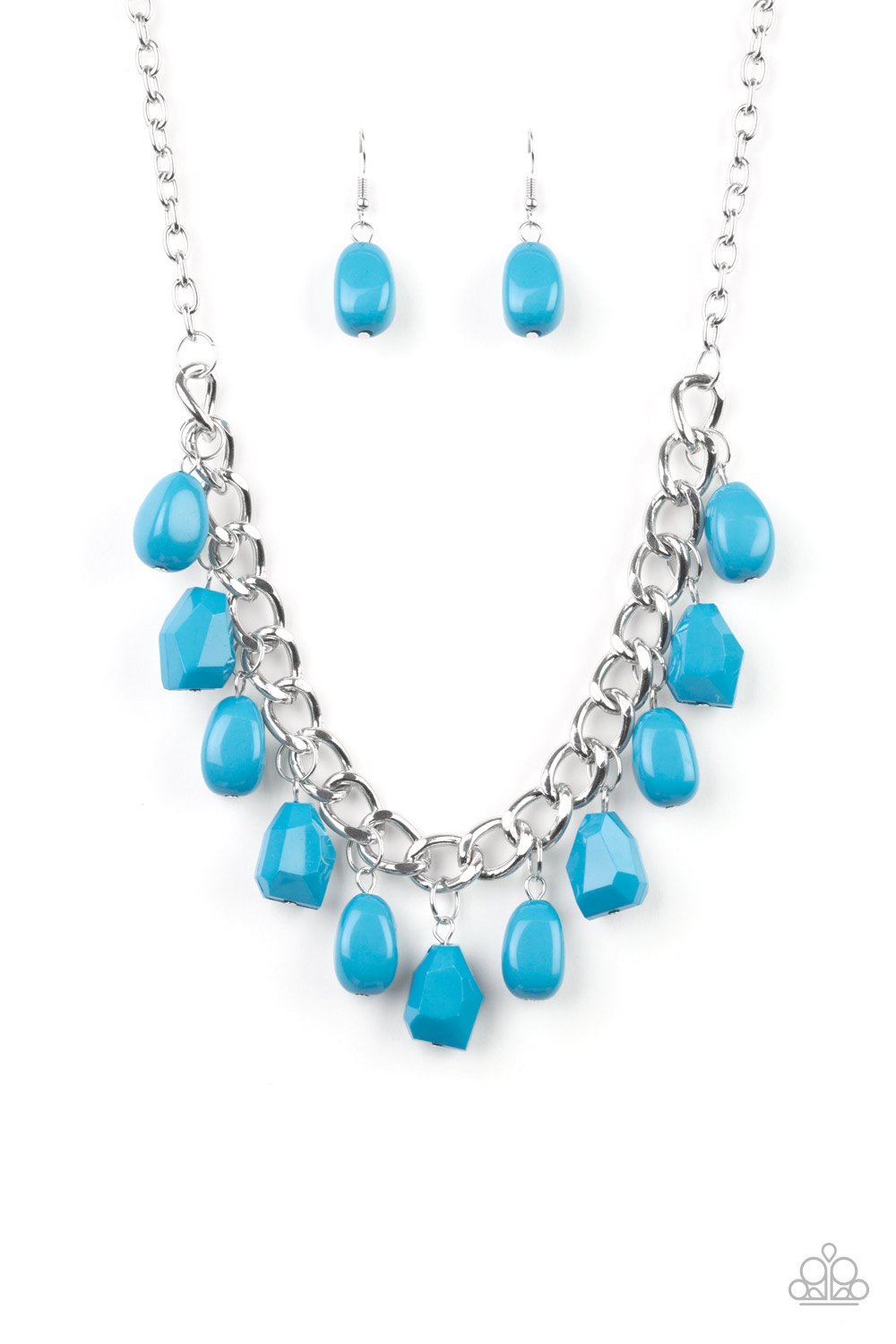 Take The COLOR Wheel! - Blue and Silver Necklace - Paparazzi Accessories - A collection of round and faceted blue beads swings from the bottom of a bulky silver chain below the collar, creating a vivacious fringe fashion necklace.