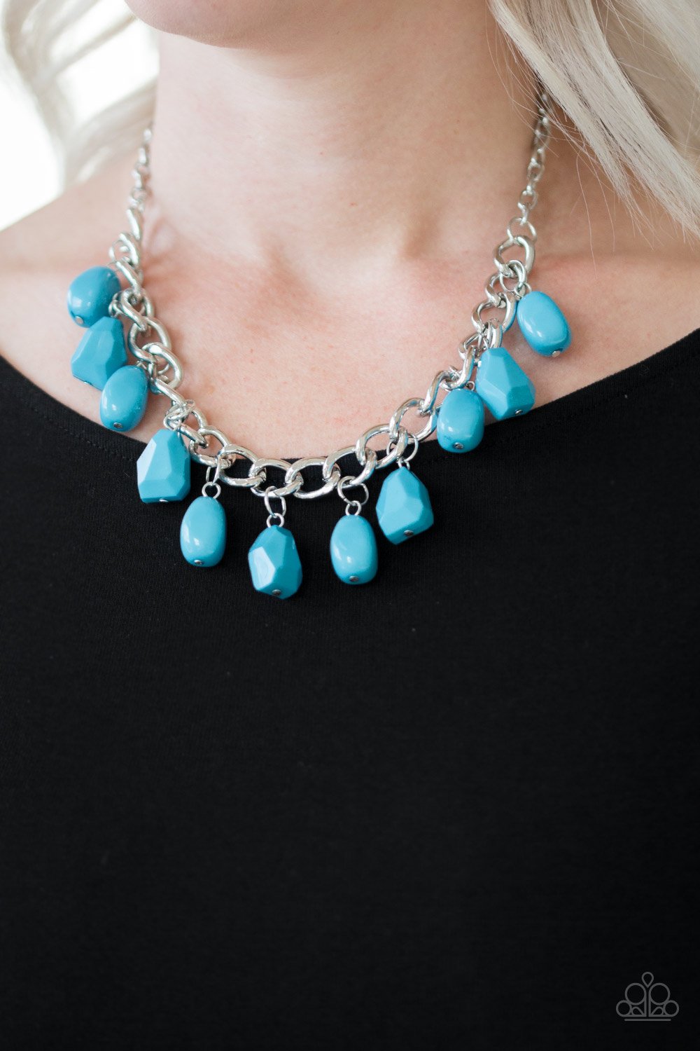 Take The COLOR Wheel! - Blue and Silver Necklace - Paparazzi Accessories - A collection of round and faceted blue beads swings from the bottom of a bulky silver chain below the collar, creating a vivacious fringe fashion necklace.