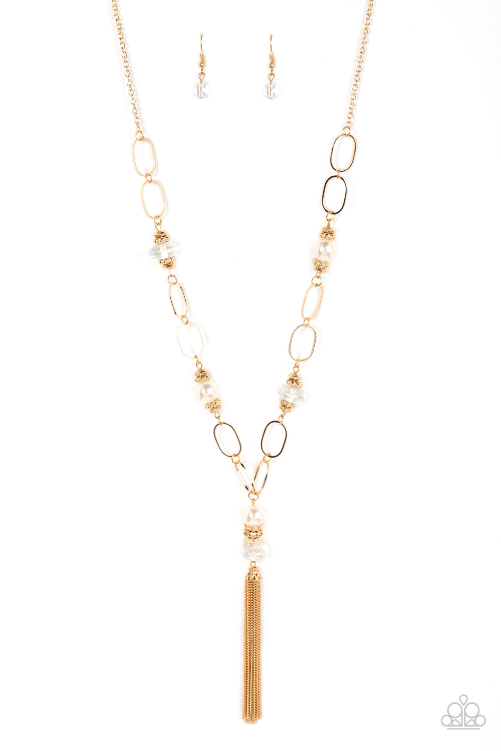 Taken with Tassels - Gold and Pearl Necklace - Paparazzi Accessories - Infused with faceted and studded gold accents, iridescent beads and oversized white pearls connect with sections of oversized gold hoops across the chest. Enhanced with matching beaded accents, a shimmery gold tassel swings from the bottom for a romantic finish. Features an adjustable clasp closure.