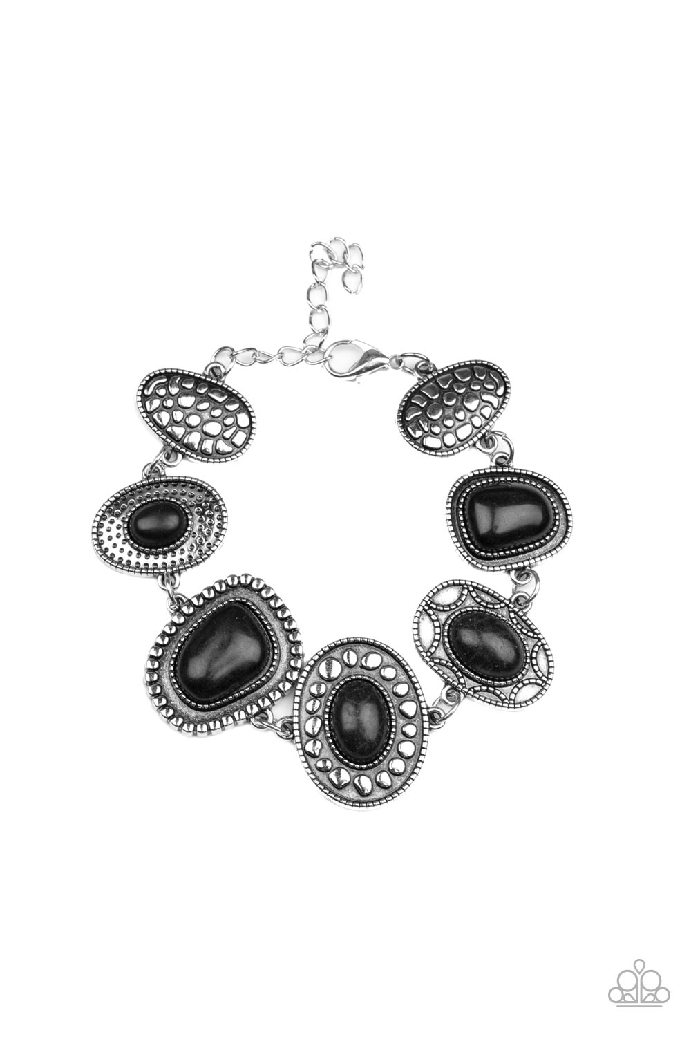 Taos Trendsetter - Black Stone and Silver Bracelet - Paparazzi Accessories - An earthy collection of irregular-shaped black stones are each pressed into distinctive antiqued silver frames. Each frame showcases a unique pattern of studded and dotted texture resulting in an artisanal vintage vibe as it falls around the wrist.