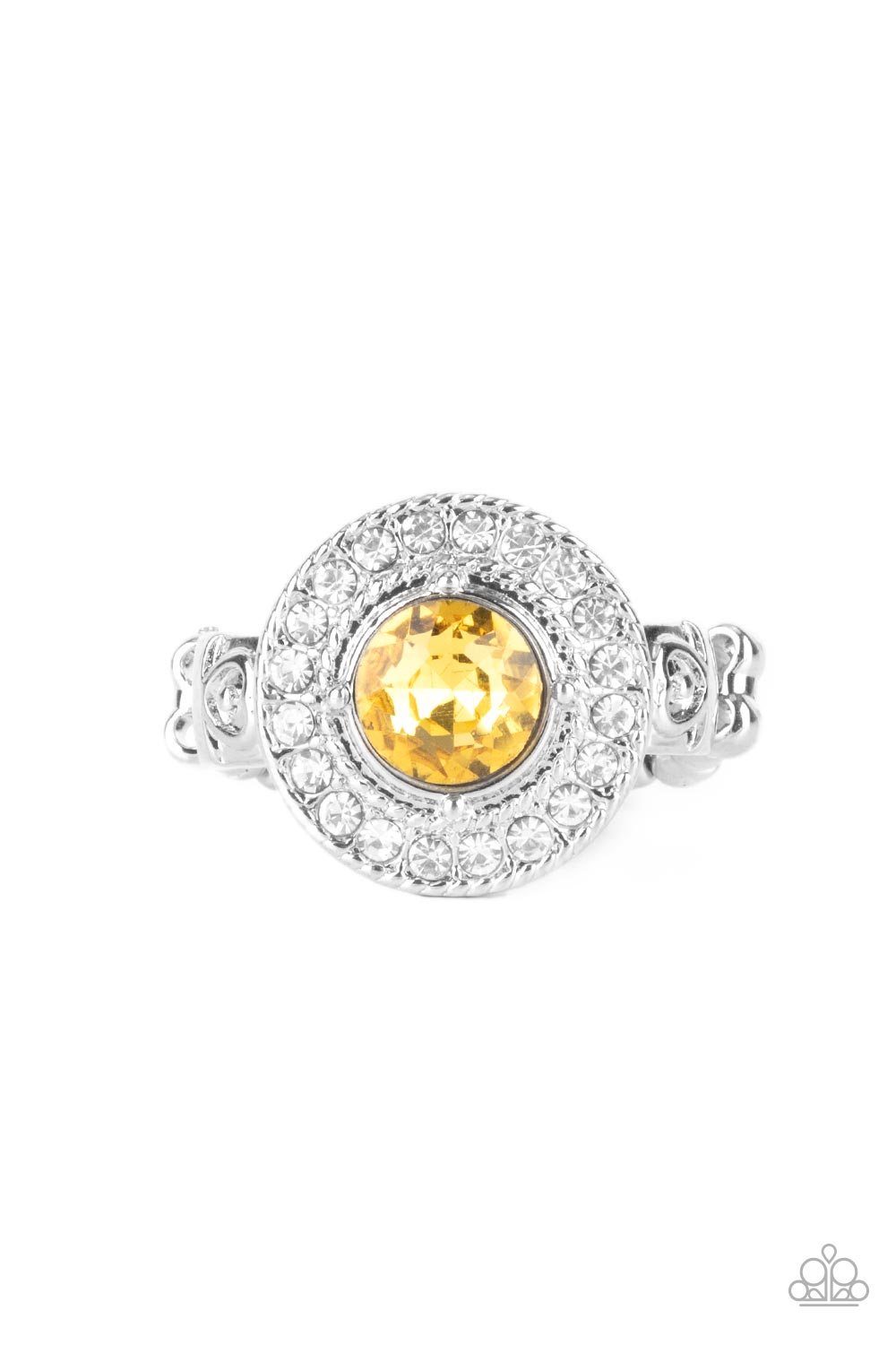 Targeted Timelessness - Yellow and Silver Ring - Paparazzi Accessories - Featuring a pronged silver fitting, an oversized yellow gem sits atop a radiant ring of glassy white rhinestones for a timeless fashion.