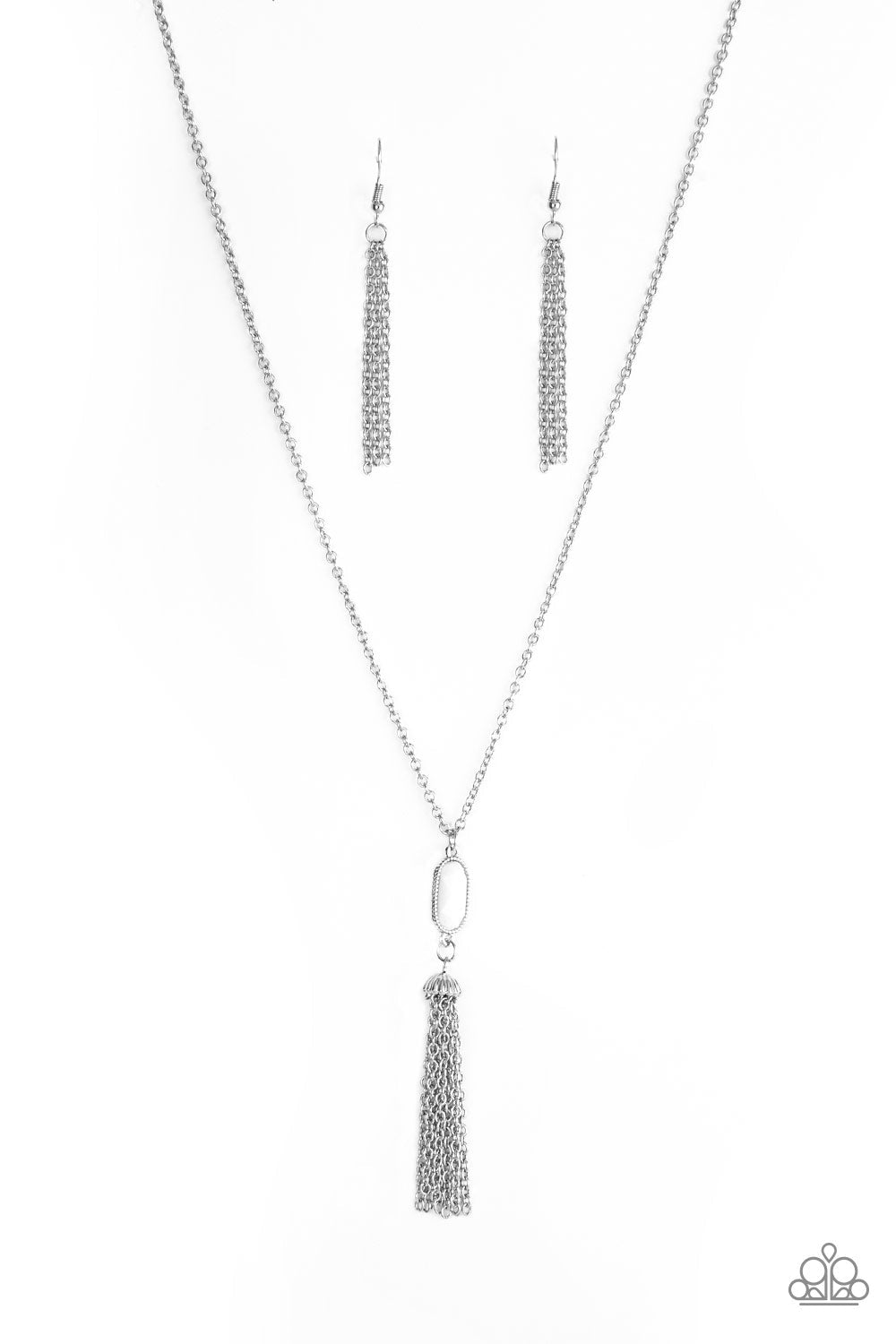 Tassel Tease - White and Silver Necklace - Paparazzi Accessories - Swinging from a lengthened silver chain, a faceted white bead gives way to a shimmery silver tassel for a whimsical look. Features an adjustable clasp closure. Sold as one individual necklace.