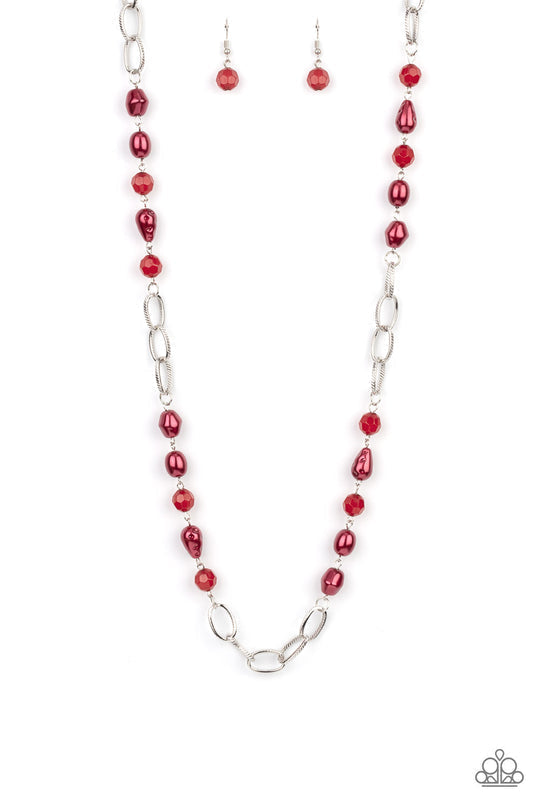 Tea Party Tango - Red and Silver Fashion Necklace - Paparazzi Accessories - imperfectly faceted and hammered finishes, pearly red teardrop and round beads join opaque red crystal-like accents along sections of chunky silver chain across the chest for a glamorous look. Features an adjustable clasp closure. Sold as one individual necklace.