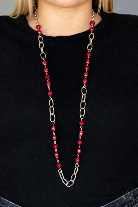 Tea Party Tango - Red and Silver Necklace - Paparazzi Accessories - imperfectly faceted and hammered finishes, pearly red teardrop and round beads join opaque red crystal-like accents along sections of chunky silver chain across the chest for a glamorous look. Features an adjustable clasp closure. Sold as one individual necklace.