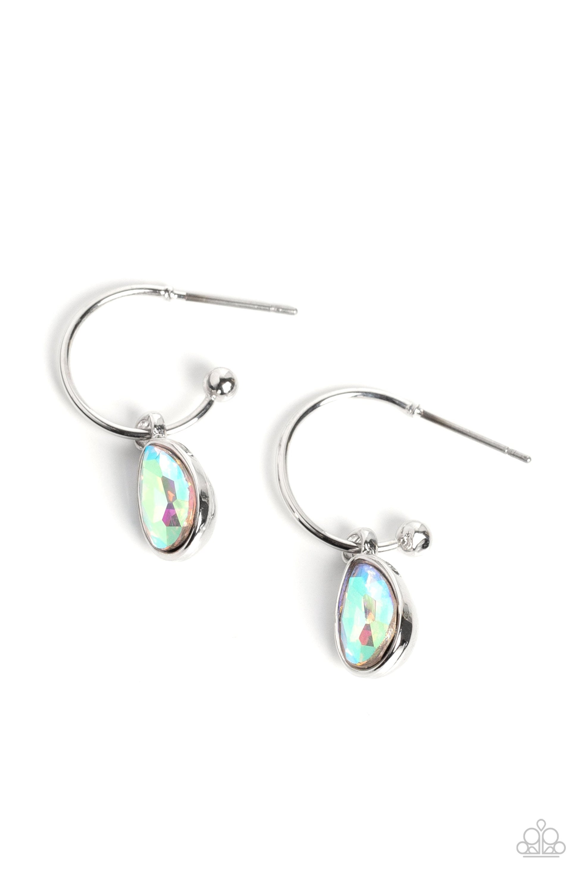Teardrop Tassel - Multi Iridescent Earrings - Paparazzi Accessories - A small silver hoop curves around the ear in a timeless fashion. An iridescent, teardrop gem, encased in a shiny silver frame slides along the curvature of the hoop, adding a surprising hint of shimmery movement. Earring attaches to a standard post fitting. Hoop measures approximately 1/2" in diameter.