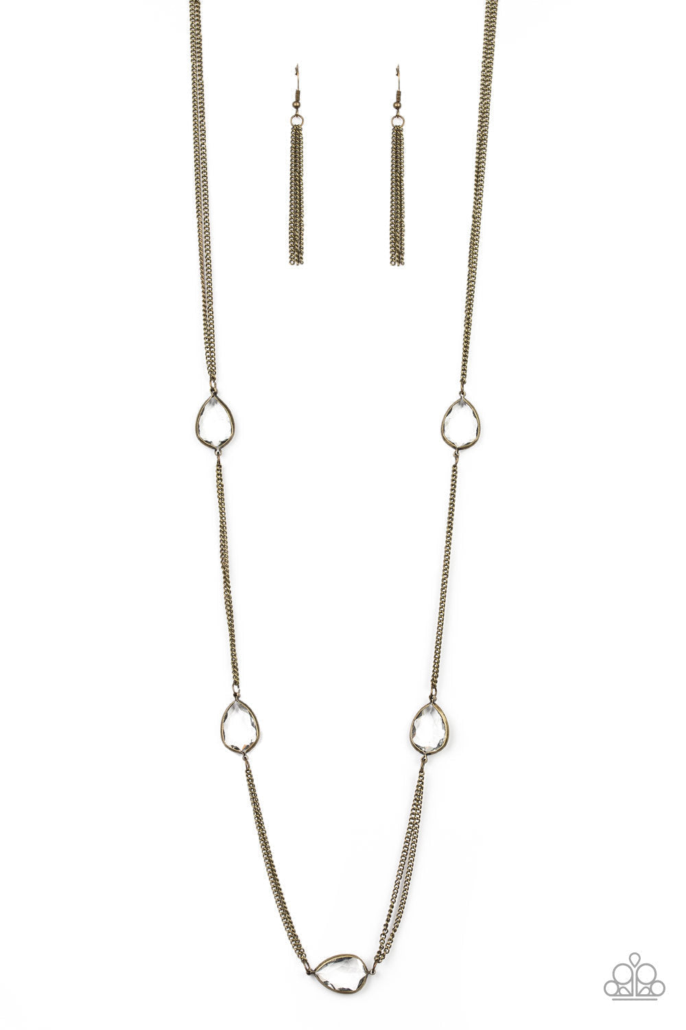 Teardrop Timelessness - Brass Necklace - Paparazzi Jewelry - Bejeweled Accessories By Kristie - Glassy white teardrops attach to sections of antiqued brass chain across the chest, creating a refined display. Features an adjustable clasp closure. Sold as one individual necklace.