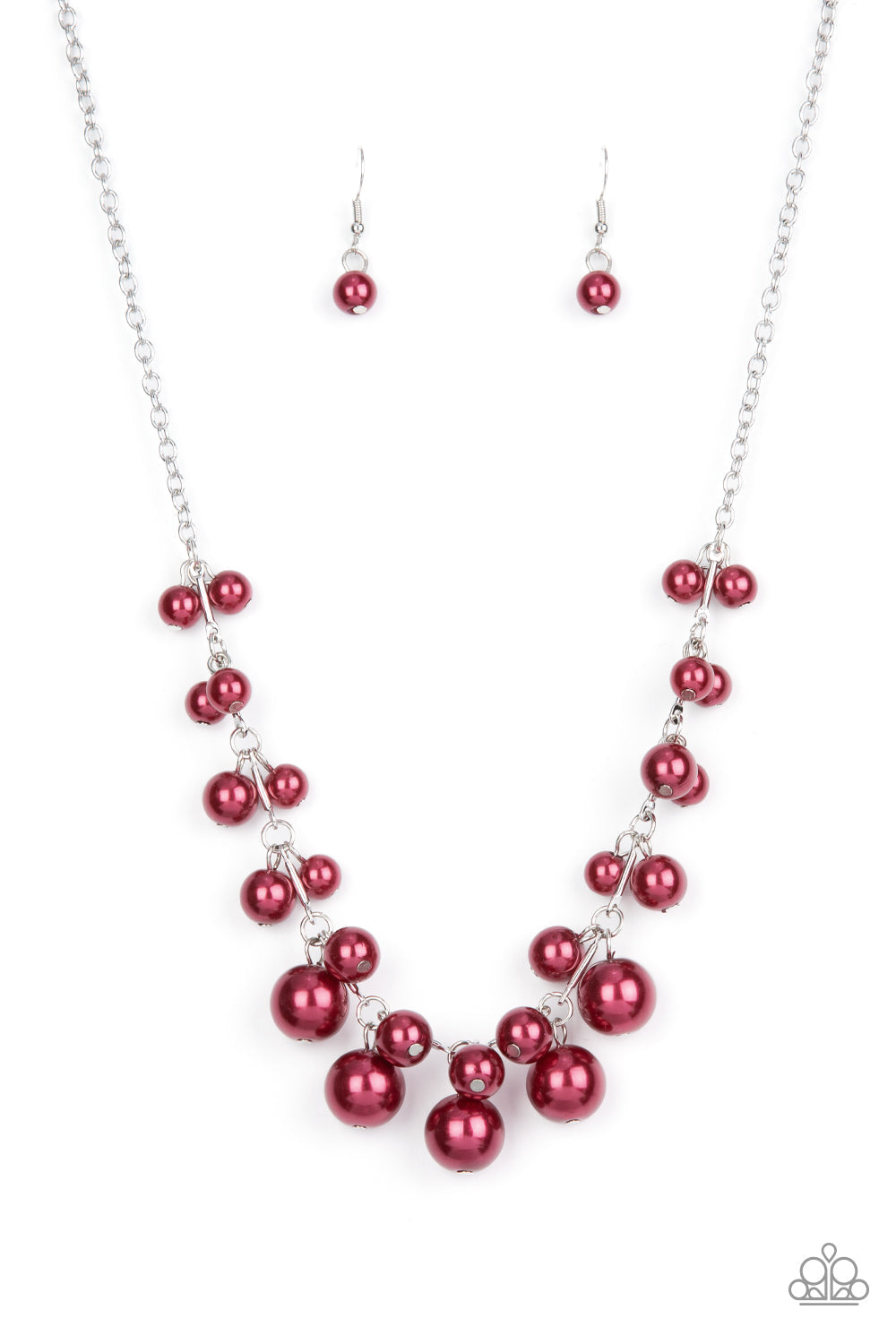 Tearoom Gossip - Red Pearl and Silver Necklace - Paparazzi Accessories - Gradually increasing in size, clusters of red pearls alternate with dainty silver bars below the collar, creating a bubbly fringe. Features an adjustable clasp closure. Sold as one individual necklace.