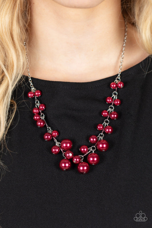Tearoom Gossip - Red Pearl - Silver Necklace - Paparazzi Accessories - Gradually increasing in size, clusters of red pearls alternate with dainty silver bars below the collar, creating a bubbly fringe. Features an adjustable clasp closure. Sold as one individual necklace.