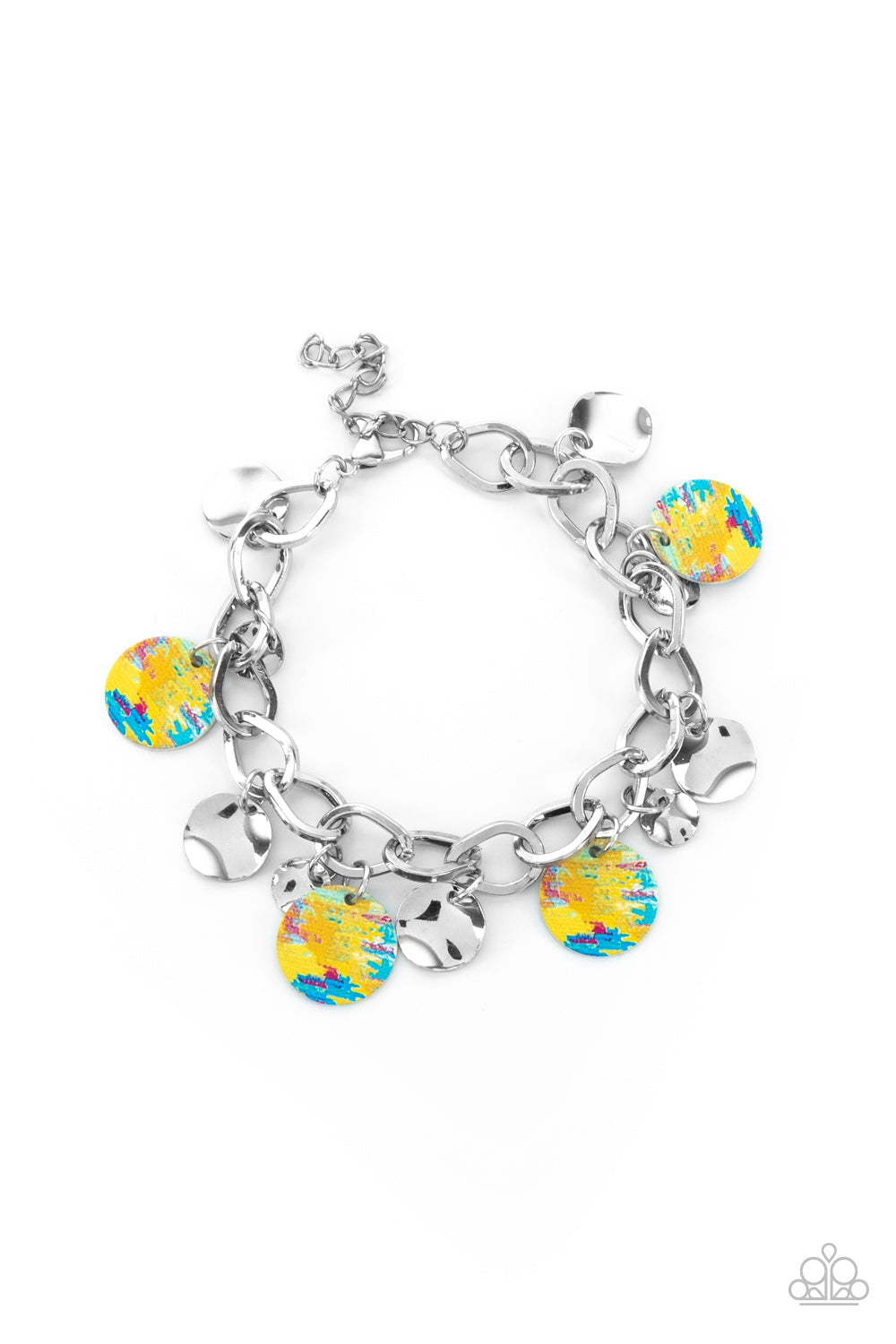 Teasingly Tie Dye - Yellow - Blue - Silver Bracelet - Paparazzi Accessories -colorful tie dye print, a collection of colorful and dainty silver discs swings from a bulky silver chain around the wrist for a trendy finish. Features an adjustable clasp closure. 