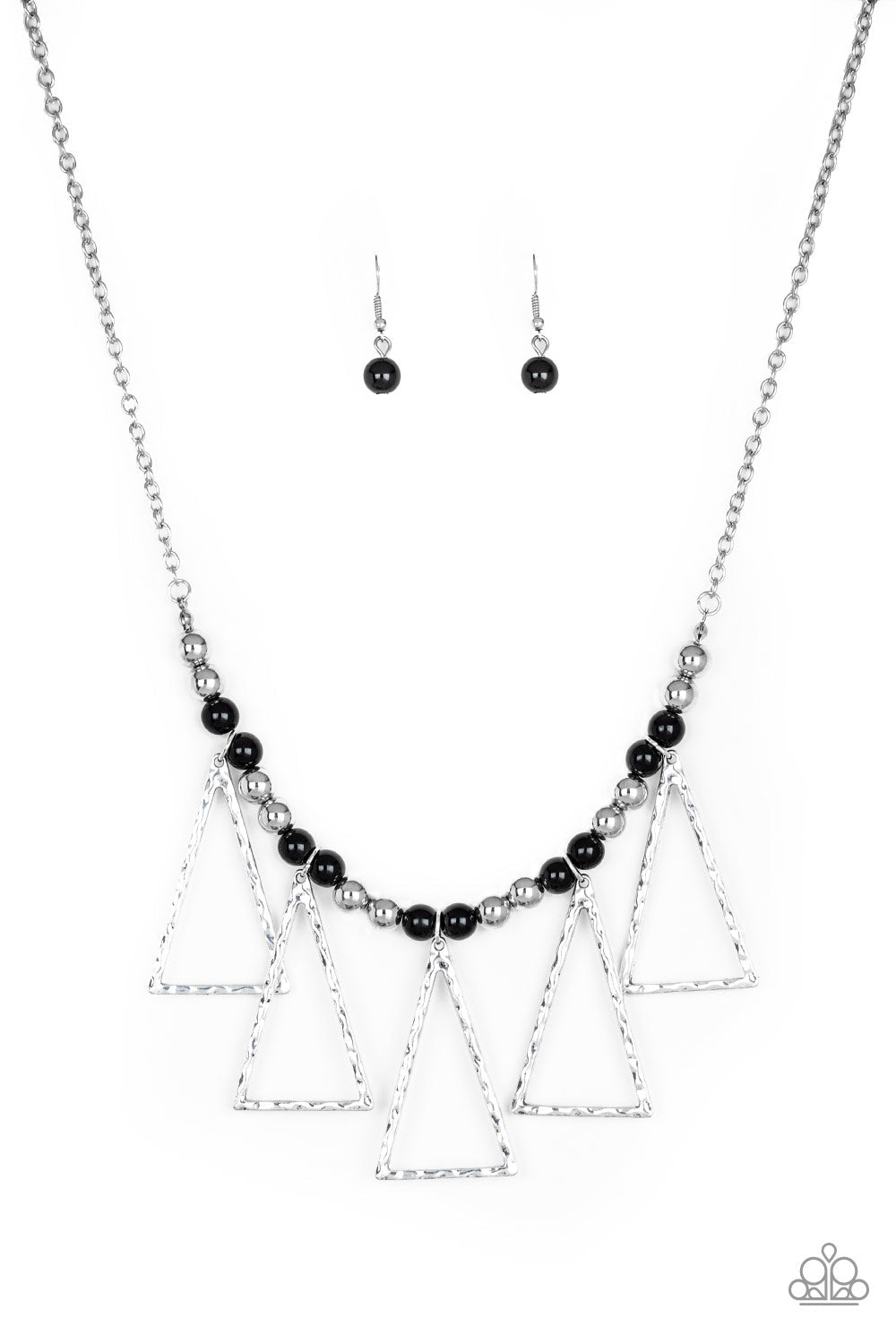 Terra Nouveau - Black and Silver Fashion Necklace - Paparazzi Accessories - A collection of shiny silver and refreshing black beads are threaded along an invisible wire below the collar. Hammered triangular frames swing from the bottom of the colorful compilation, creating an artistic fringe. Features an adjustable clasp closure. 