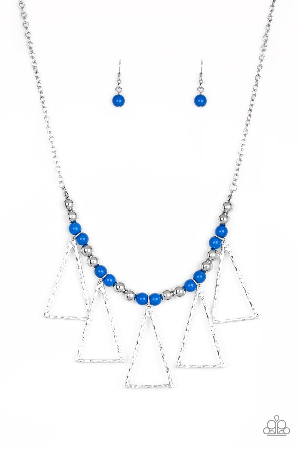 Terra Nouveau - Blue and Silver Necklace - Paparazzi Accessories - Shiny silver and refreshing blue beads are threaded along an invisible wire below the collar. Hammered triangular frames swing from the bottom of the colorful compilation, creating an artistic fringe. Features an adjustable clasp closure.