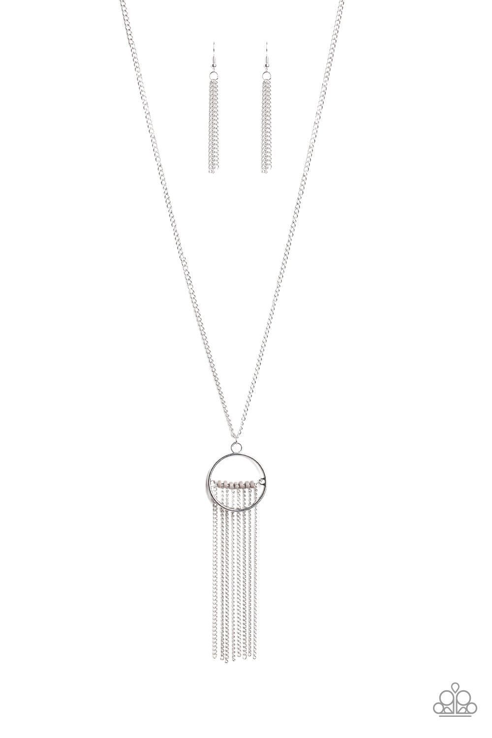 Terra Tassel - Silver Necklace - Paparazzi Accessories - Infused with a shimmery silver chain fringe, a row of gray beads is threaded along a silver rod that is fitted in place inside the center of an airy silver ring. The colorful pendant swings from the bottom of a lengthened silver chain for a trendy tribal look. Features an adjustable clasp closure. Sold as one individual necklace. 