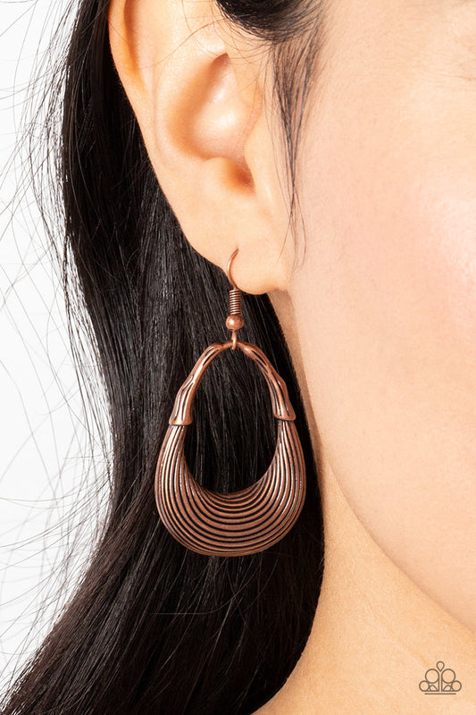 Terra Timber - Copper Earrings - Paparazzi Accessories - Etched in rippling texture, an antiqued half moon frame attaches to a warped copper fitting for a rustic flair. Earring attaches to a standard fishhook fitting. Sold as one pair of earrings.