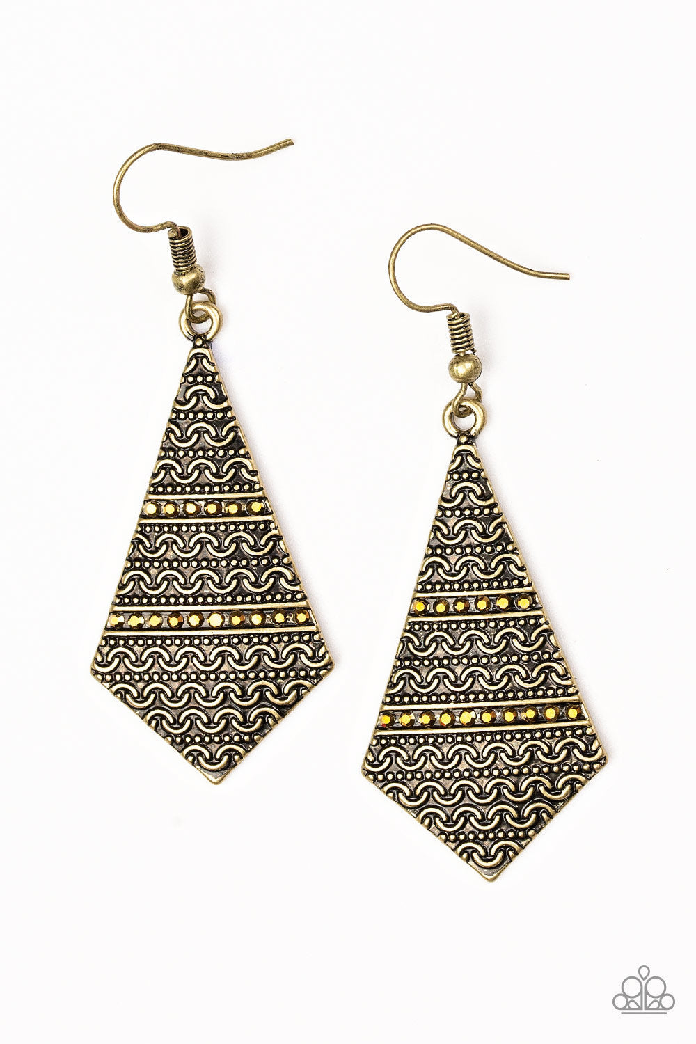 Terra Trending - Brass Fashion Earrings - Paparazzi Accessories - Radiating with tribal inspired patterns, a flared brass frame swings from the ear in an edgy fashion. Rows of dainty aurum rhinestones are pressed into the lure for a shimmery finish. Earring attaches to a standard fishhook fitting.