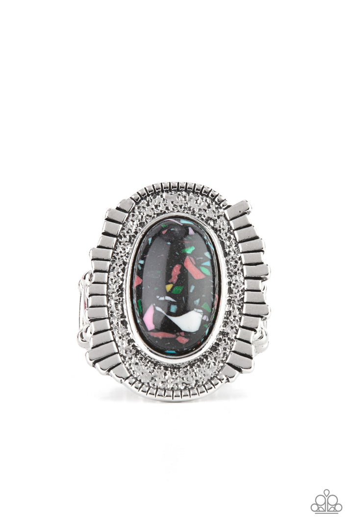Terrazzo Trendsetter - Black Stone Ring - Paparazzi Accessories - Featuring a colorful terrazzo finish, an earthy black stone adorns the hammered center of an oversized silver frame adorned in an asymmetrical silver fringe for a hint of artisan edge.